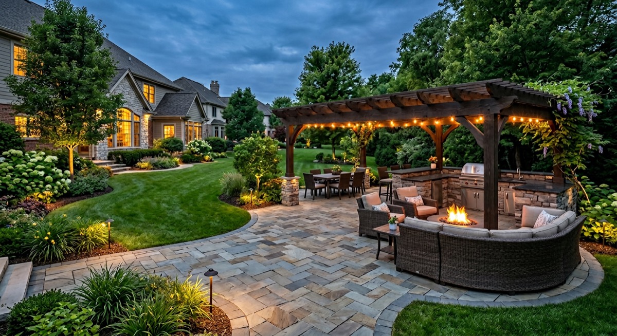 Completed luxury hardscape patio with outdoor kitchen